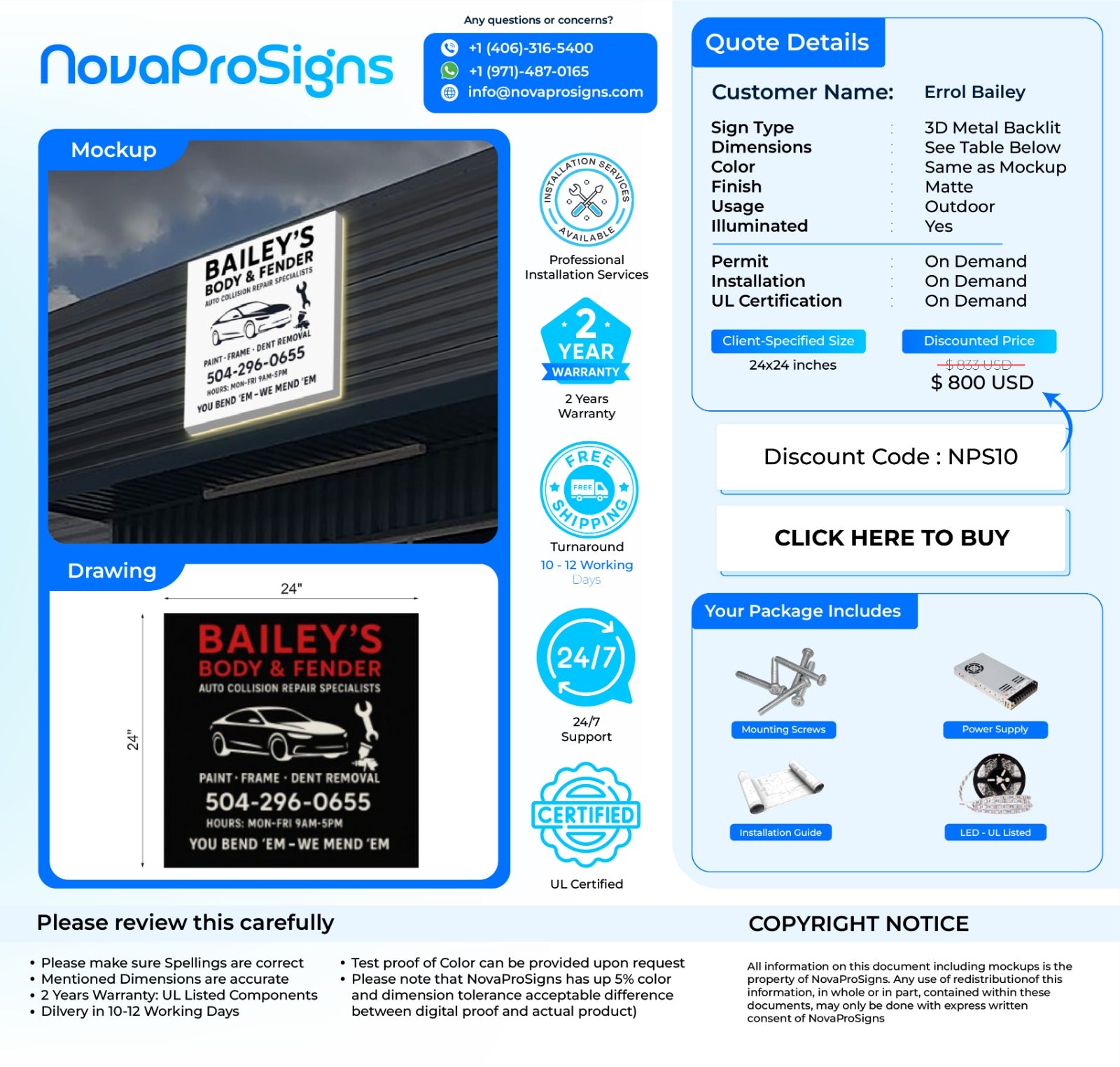 Custom Business Sign For Errol Bradley - Nova Pro Signs