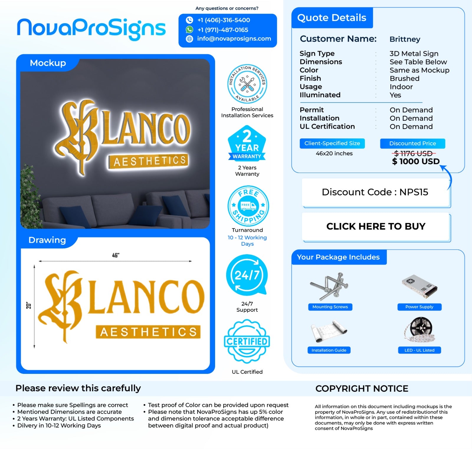 Custom Indoor 3D Metal Business Sign for Brittney Blanco