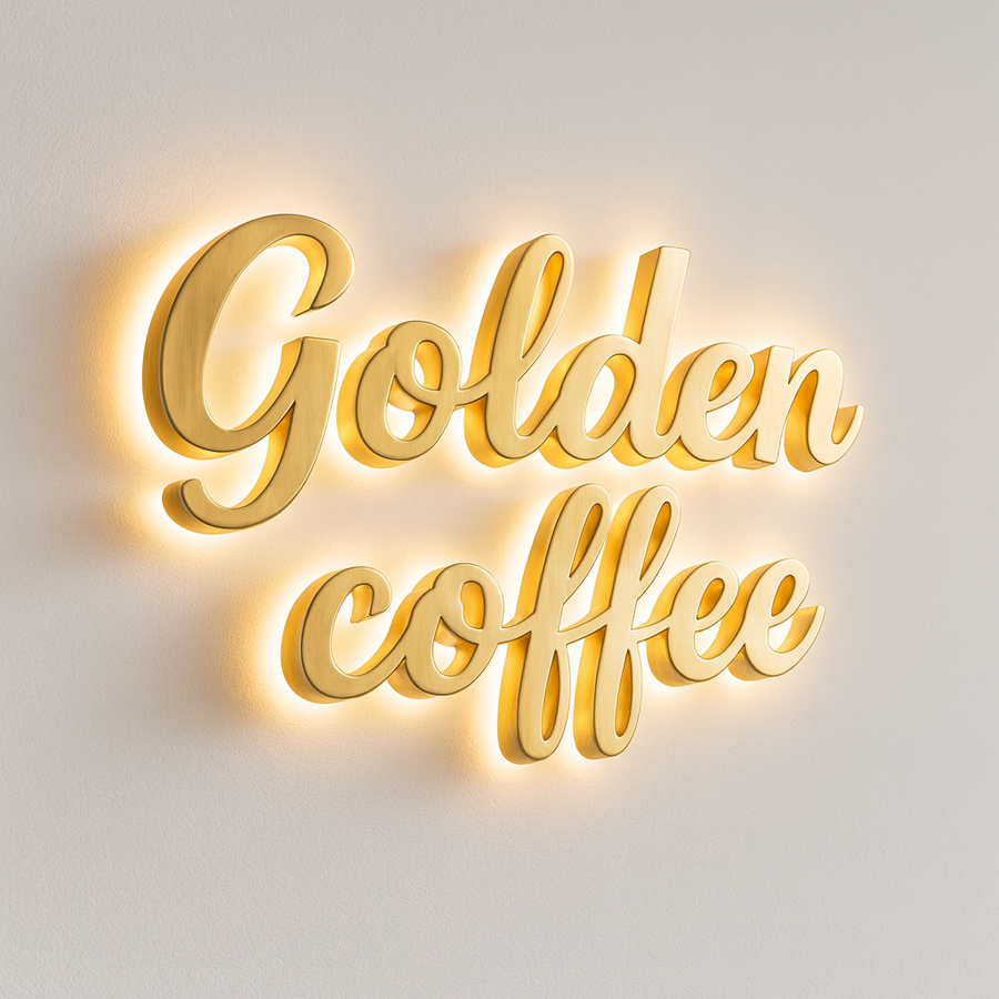 Gold halo-lit metal letters for Golden Coffee