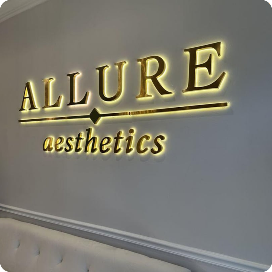 Gold halo-lit metal letters for Allure Aesthetics